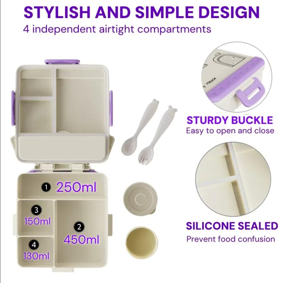1000ml Kids Bento Lunch Box with 4 Compartments Cute Food Storage Container Suitable for Microwave And Fridge