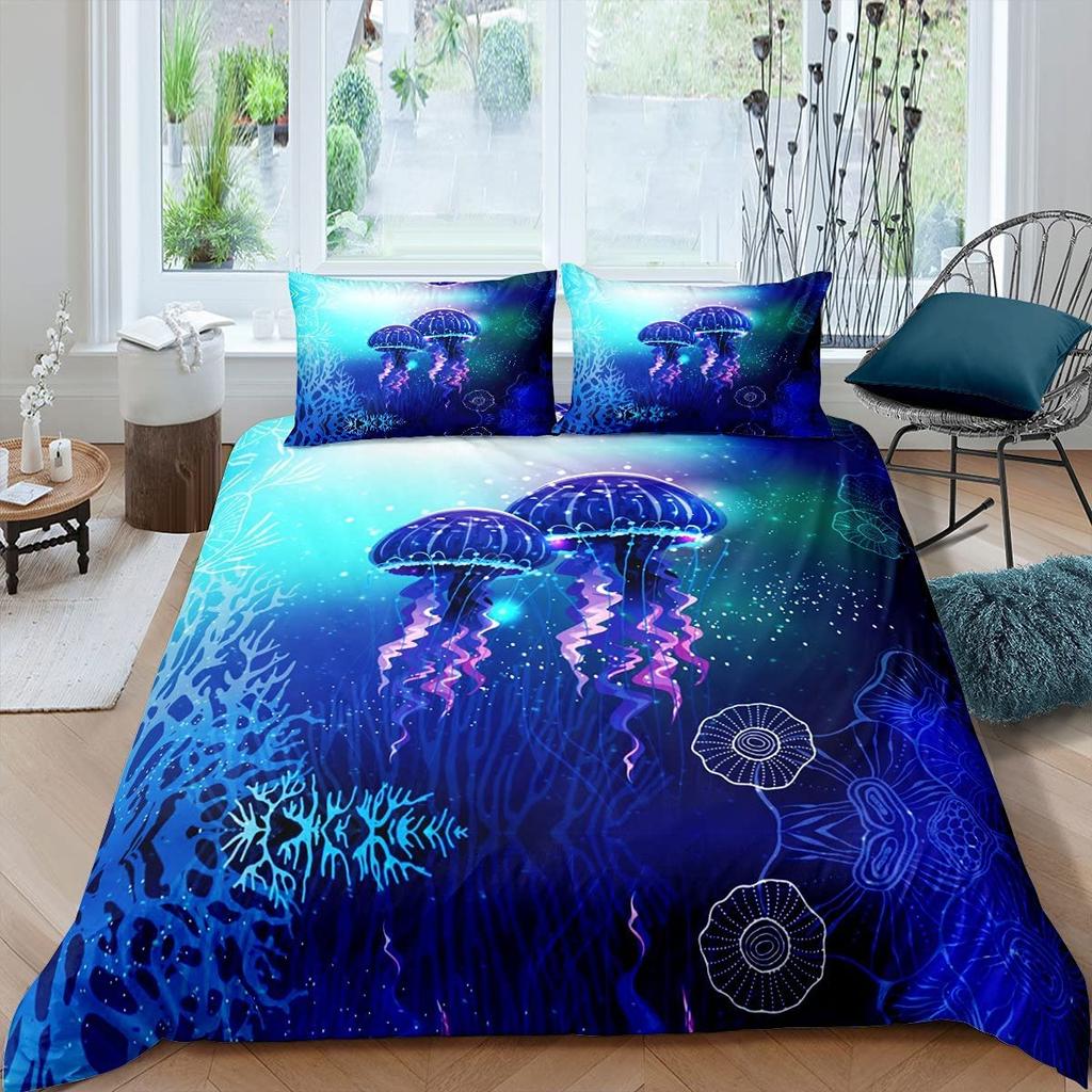 Jellyfish Bedding Set Queen,Ocean Nautical Comforter Cover for Kids Boys Girls,Hawaii Beach Duvet Cover Teens Cute Sea Animal