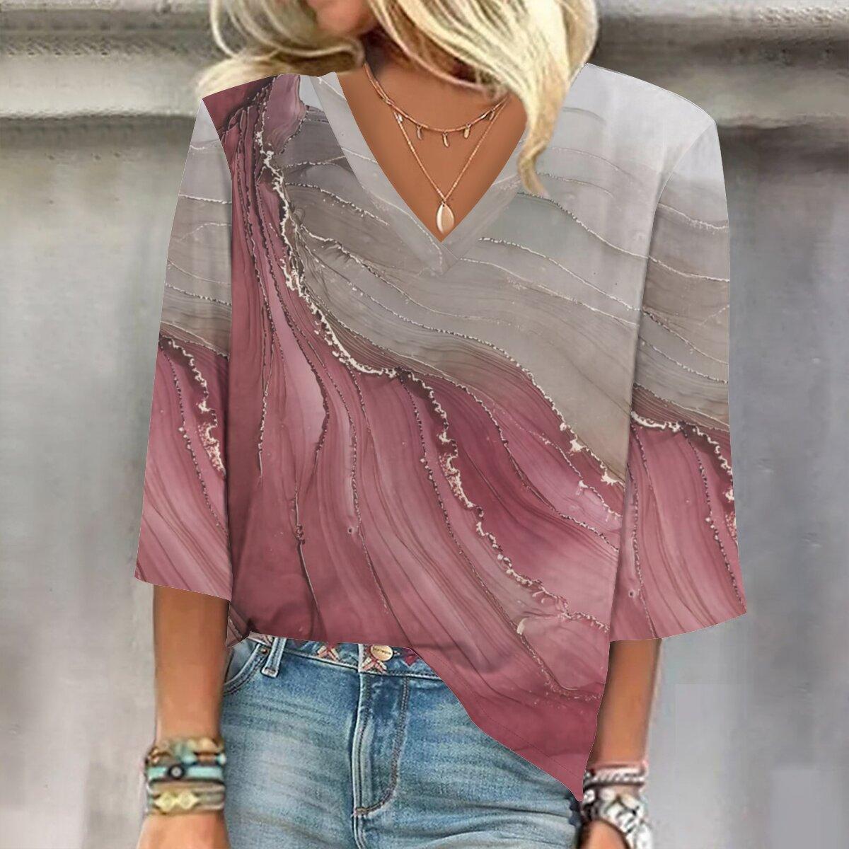 

Весна и осень 2023, новый модный женский повседневный топ с v-образным вырезом и рукавом 3/4 с принтом, размер гной