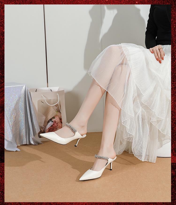 JC Fairy Rhinestone Patent Leather Stiletto Mules: Summer Pointed Toe, Closed Temperament Half-Slippers