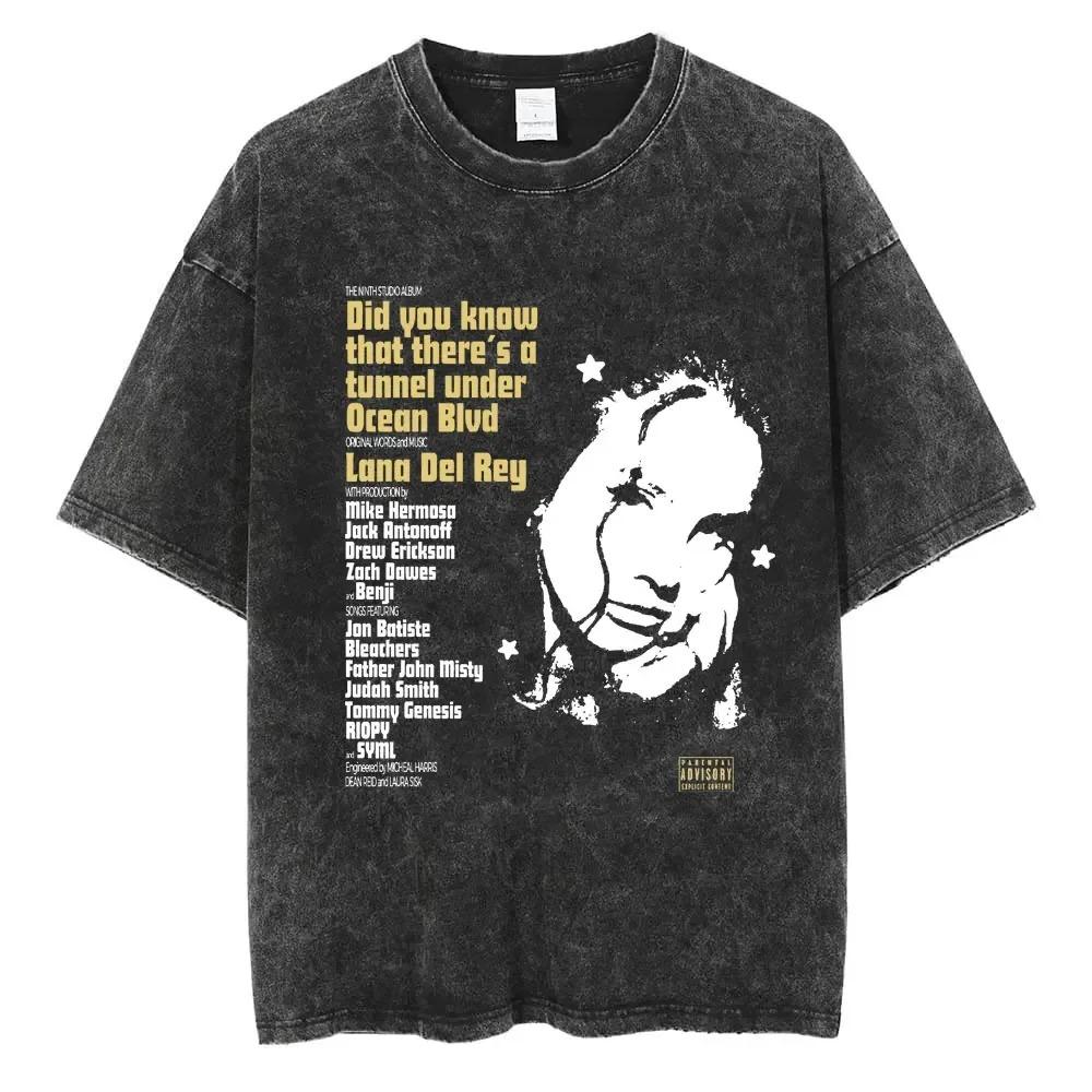 Oversized Acid-Wash Short-Sleeve T-Shirt Featuring Lana Del Rey  Did You Know That There s a Tunnel Under Ocean Blvd  Album Vintage Graphic Print L