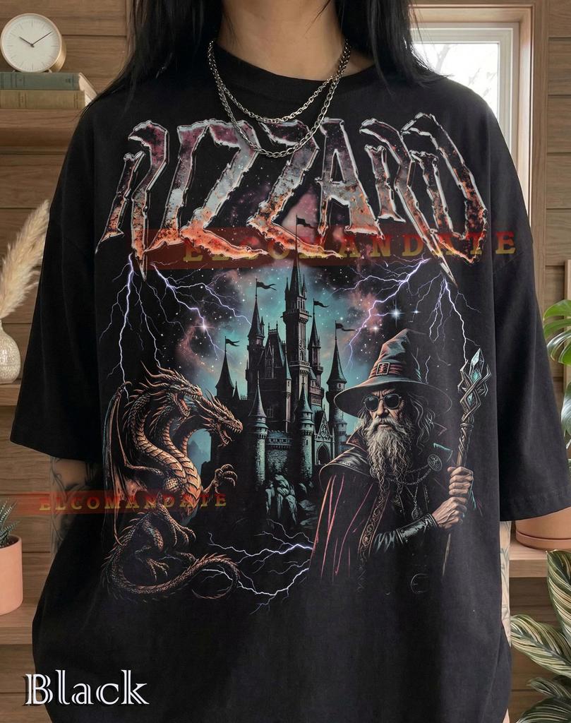 Rizzard Wizard Dragon Fantasy Castle Comfort Colors® Tshirt, Magic Sorcerer Heavy Metal Retro Lightning Cosmic Vintage Bootleg Tee