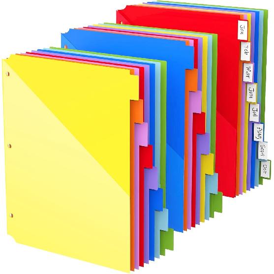 HABGP 8 Tab Dividers for 3 Ring Binder with Front Pocket, 8 Pcs Multicolor 3 Ring Binder Dividers with Tabs, Page Folder Plastic Tabbed File Dividers
