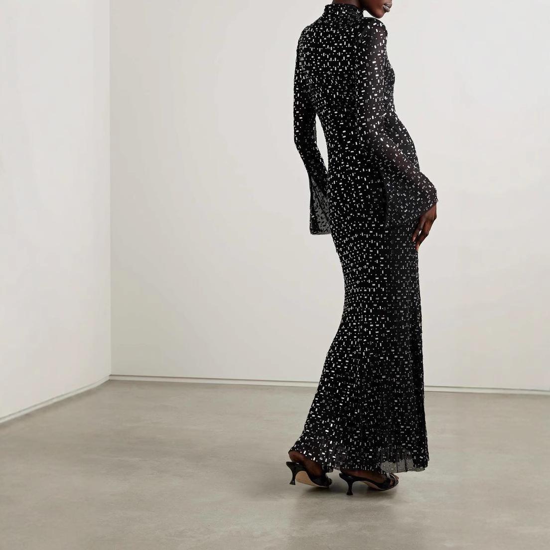 

Женское облегающее платье Nanyou с высоким воротником и длинными рукавами со стразами Medium