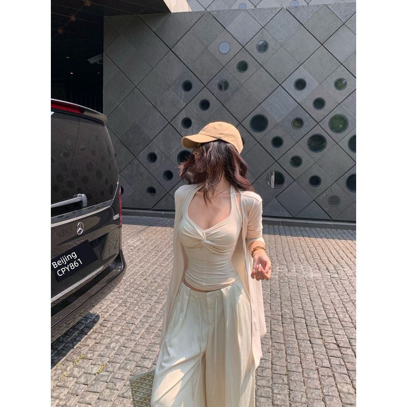 Kumikumi Lazy Style Long Sleeve Cardigan Underwear Spaghetti-Strap Slip Women's Autumn Slimming All-Match Wide Leg Pants Three-Piece Set