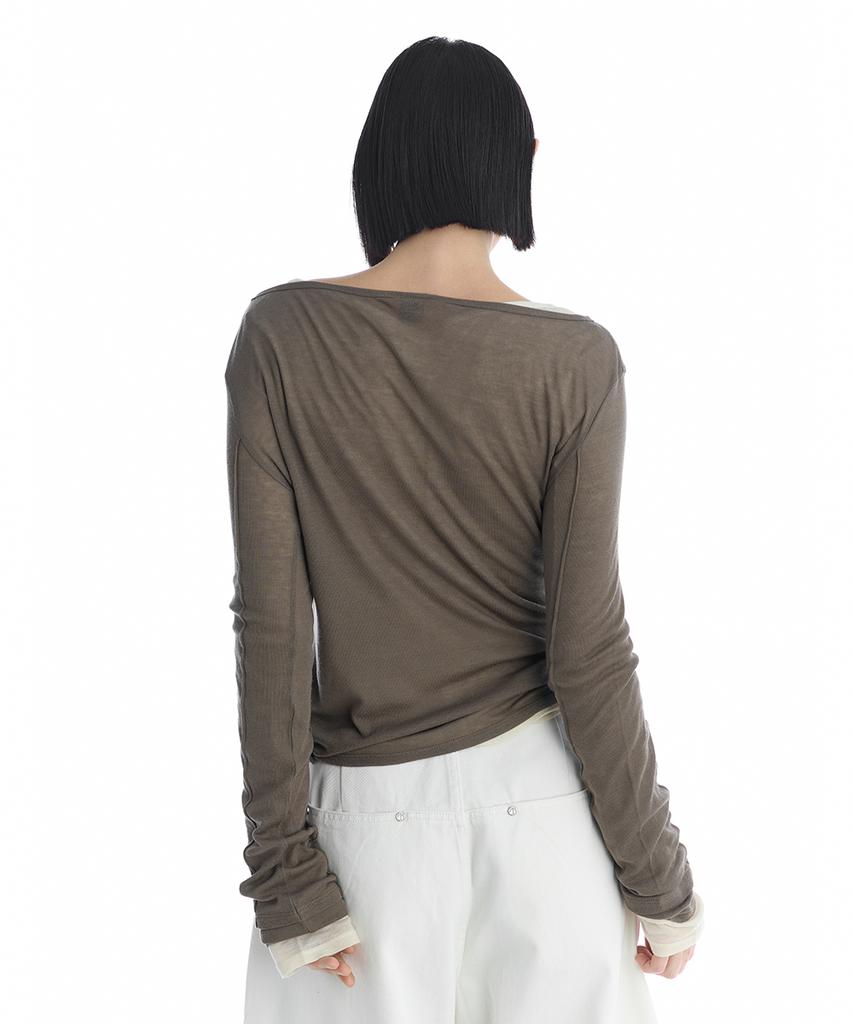 Teulimingbeodeu Essential Pintuck Long-Sleeve T-Shirts [ Brown ]