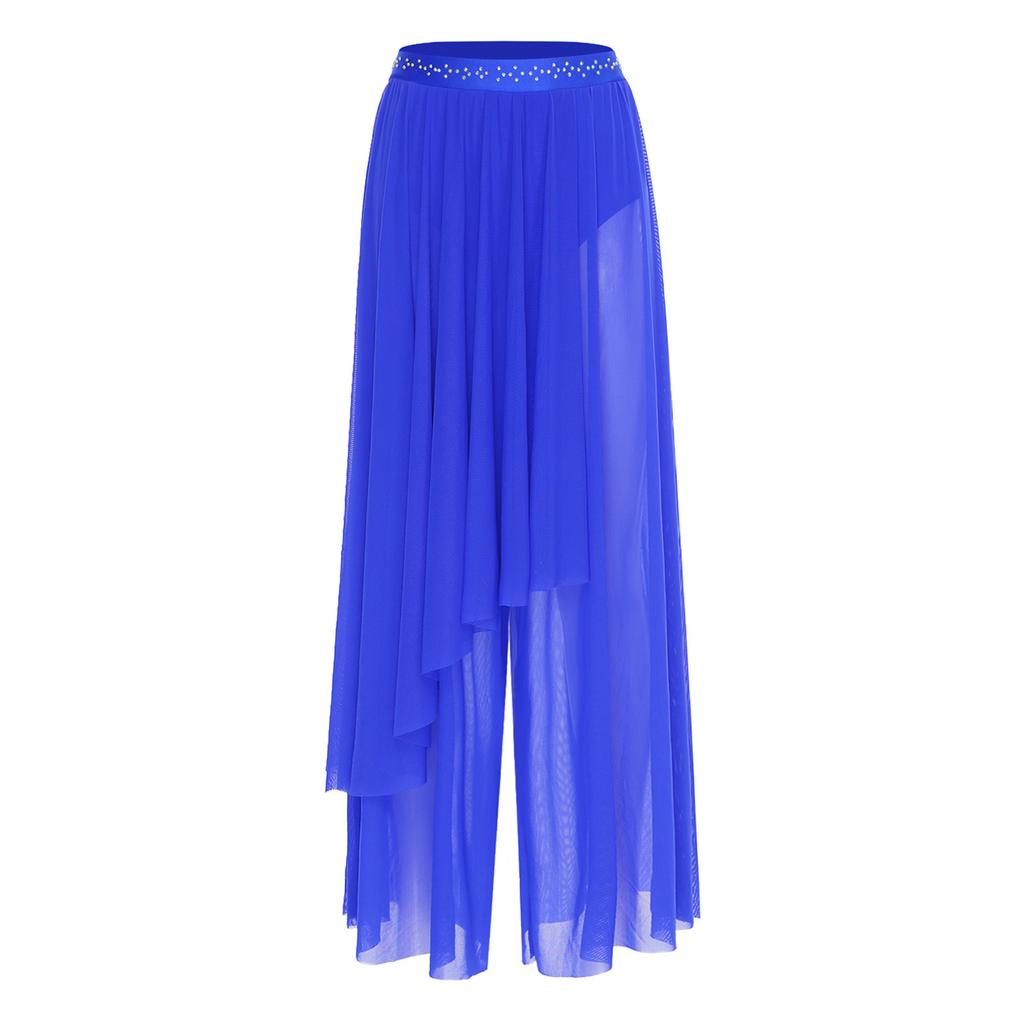 Damen Lyrical Dance Netzhose Glänzender Bund Weites Bein Unregelmäßige Überlagerung Eingearbeiteter Slip Zeitgenössische Tanzkleidung Unten
