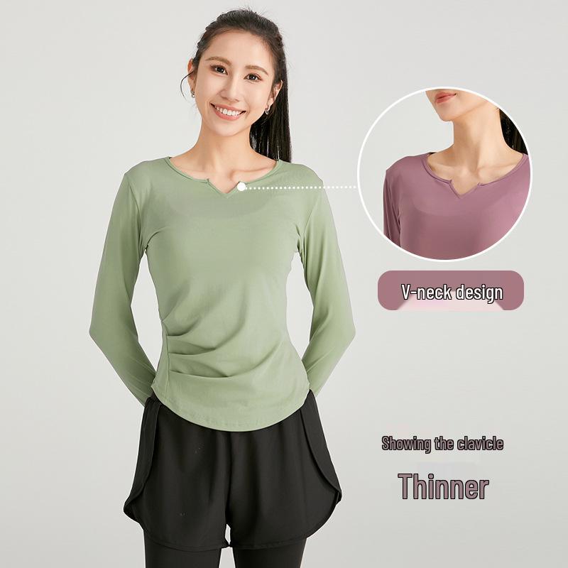 Women's Slimming V-neck Long Sleeve Fitness Top - Solid Color, Versatile for Outdoor and Yoga.