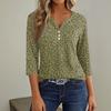 Women's Casual V-Neck Leopard Print 3/4 Sleeve Button T-Shirt Top