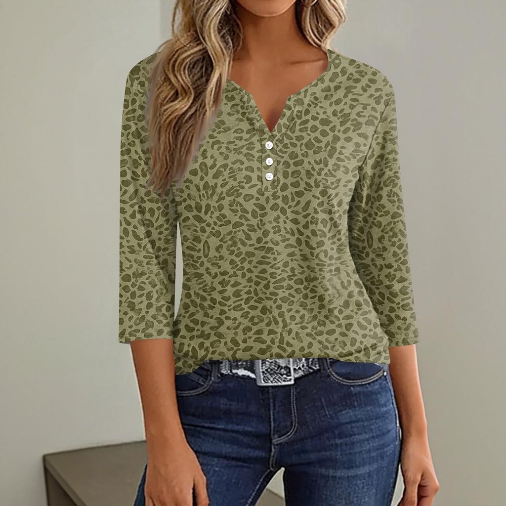 Women's Casual V-Neck Leopard Print 3/4 Sleeve Button T-Shirt Top
