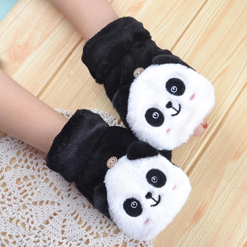 Winter Warme Handschuhe Flauschige Tier-Fäustlinge Plüsch-Panda Halbfingerhandschuhe mit Klappdeckel Warme Handschuhe für Kaltes Wetter