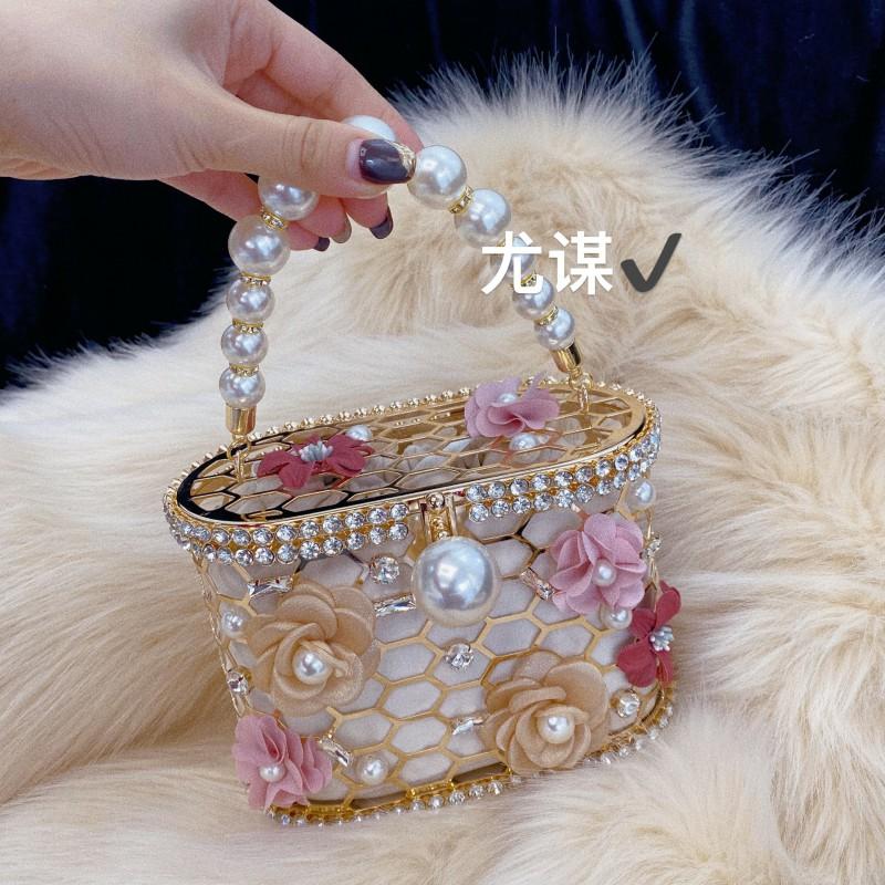 Sparkling Hollow Flower Rhinestone Embellished Medium Water Bucket Bag Evening Party Handheld Crossbody
