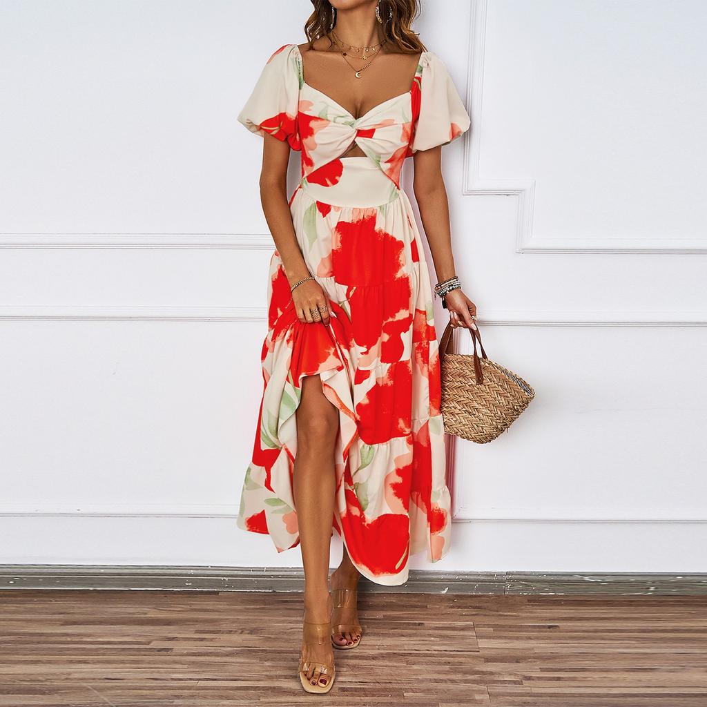 Women's Fashionable V Neck Floral Print Hollowed  Bubble Short Sleeved Dress With Temperament