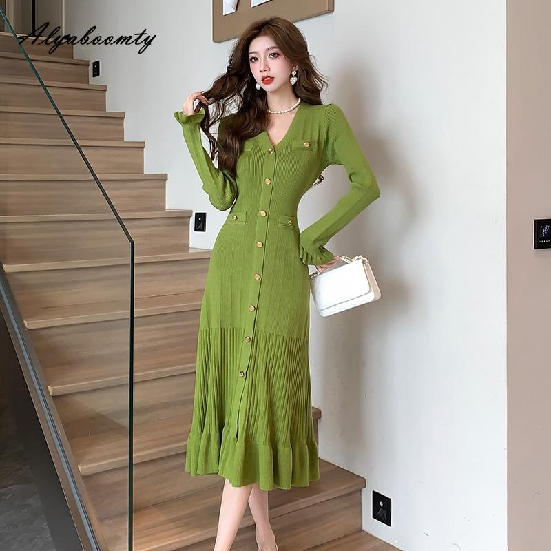 Elegant Fashion Autumn Winter Women Midi Trumpet Dress V Neck Green Black Beige Knitting Shirt Dress Ruffles Knitted Mermaid Dress