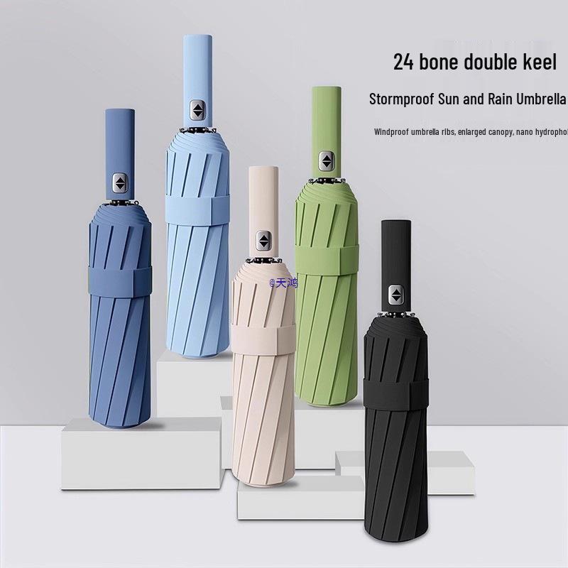 24-Rib Automatic Umbrella: Durable, Unisex, UV & Rainstorm Protection, Three-Fold Design for Sun and Rain.