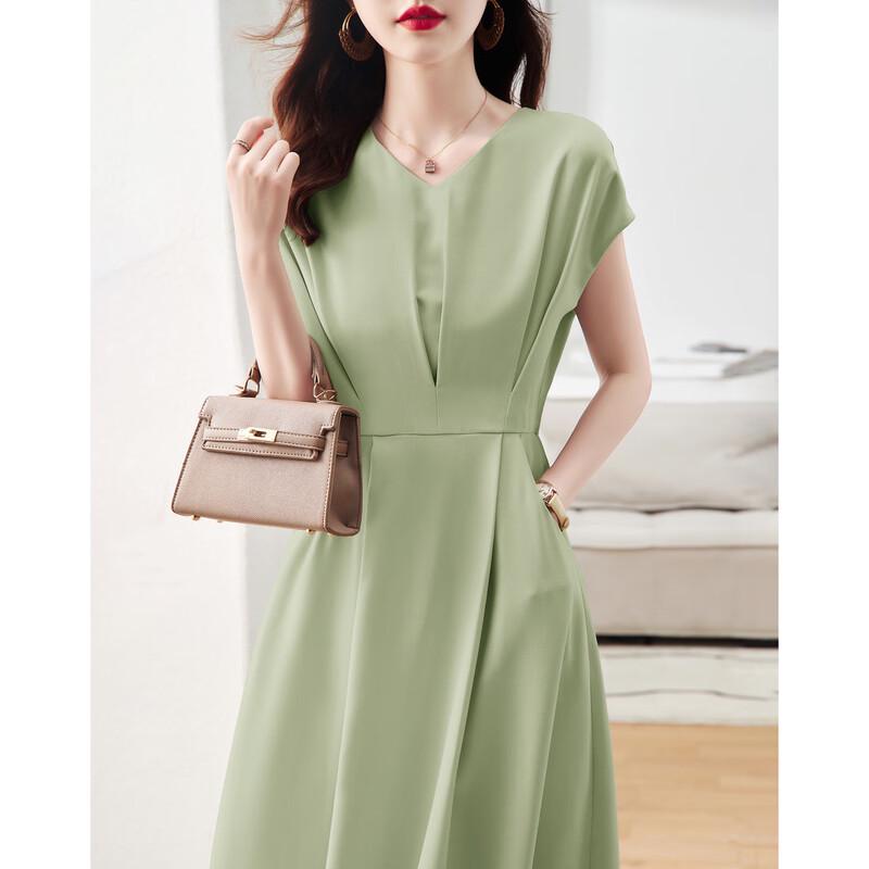 Demana Women's Summer V-Neck Short Sleeve A-Line Midi Dress