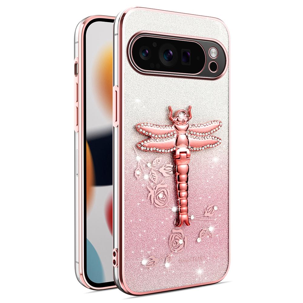 KADEM For Google Pixel 10 Pro XL Case Dragonfly Kickstand TPU Flowers Glitter Phone Cover