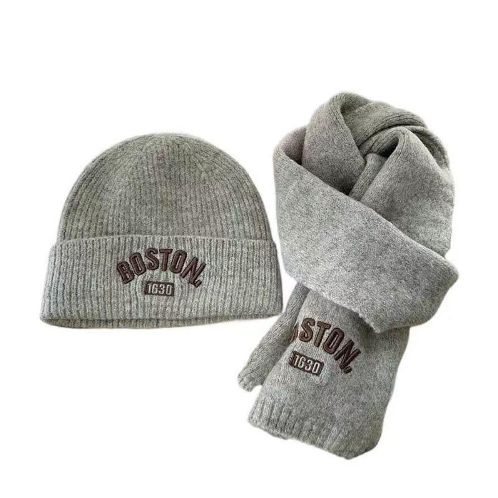 New BOSTON Embroidery Scarf Hat Set Warm Coldproof Neck Warmer Windproof Beanie Hat Kids