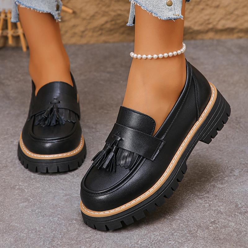 Tassels Bright Black Chunky Platform Loafers Women British Style Patent Leather Thick Sole Pumps Plus Size Uniform Lolita Shoes