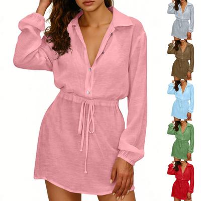 Women's Fashionable Oversized Tunic Long-Sleeve Waist-Defining Shirt Casual Dress