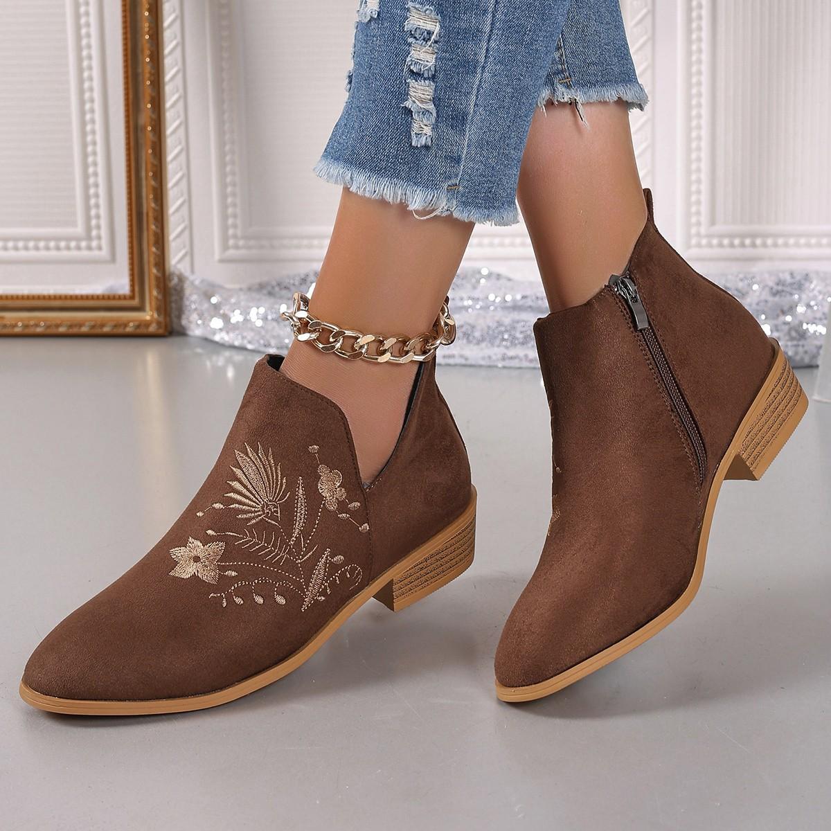 

Women s Wide Width Embroidered Ankle Boots, Round Toe Chunky Heel Side Zipper Martin Boots, European Style Fashion Booties for Women 42 коричневий