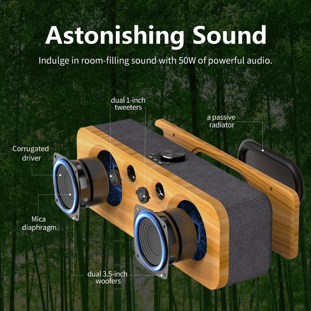 DOSS SoundBox H200 Bluetooth 50W Powerful 35 Hours Wireless Stereo High Portable Dual DSP Deep Coaxial Suitable for Speaker, Bamboo, Sound, Playback,