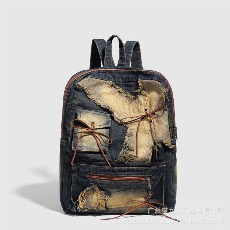 Sac à dos en jean délavé Grunge Y2k pour femme High Street Poche à nœud Capacité large décontractée Mochila Sacs à dos vintage pour femme Esthétique