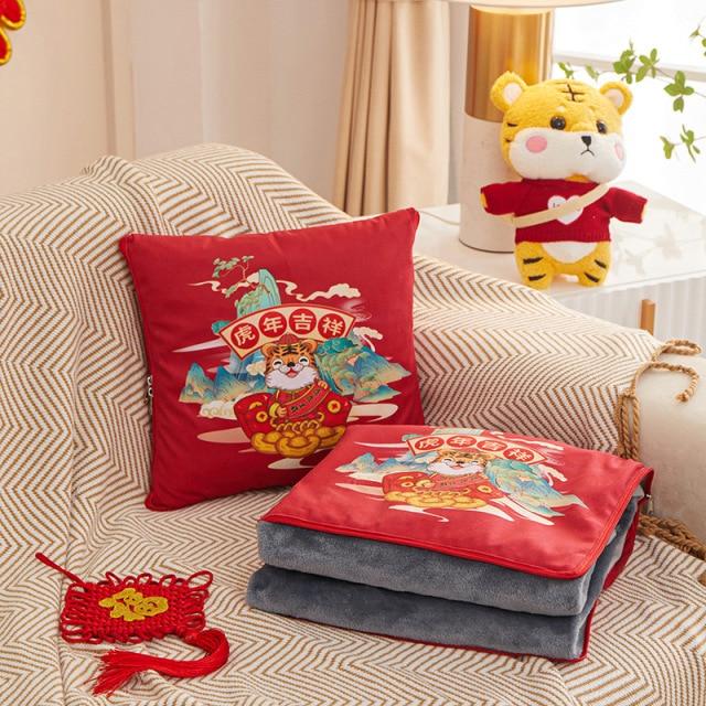 2 In 1 Chinese Style Warm Blanket Pillow Cushion Office Lunch Blanket Warm Flannel Animal Pillow Car Blanket Bedding