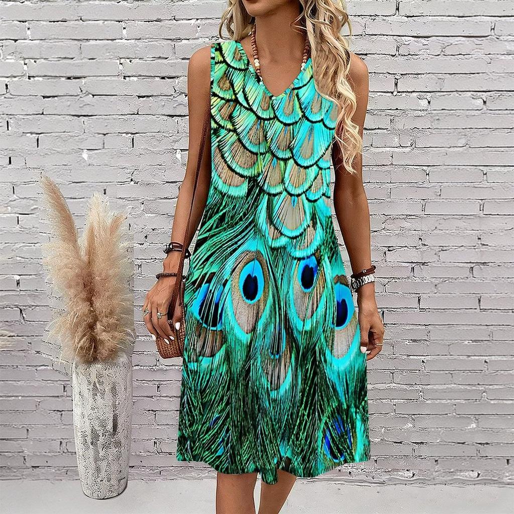 Plus Size V Neck Sleeveless Dress Verdant Mountain Waterfall Art Print For Wilderness Adventure Tour