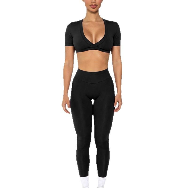 Chen Shijie Europe and the United States new leggings sports suit hip yoga suit outer wear short-sleeved fitness suit