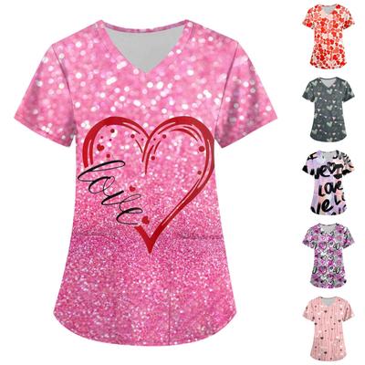 Women's Valentine's Day Hearts Printed Short Sleeve V-neck Tops Working Pocket Blouse