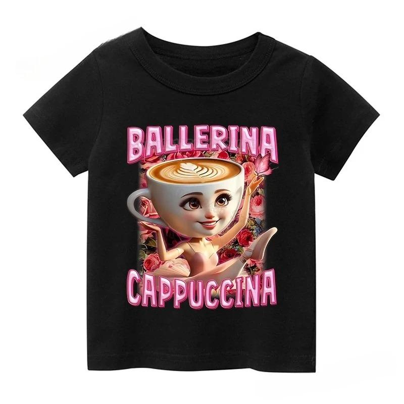 Italian Brainrot Cotton Girls T-shirt Cute Ballerina Cappuccino Print Baby Tees Tops Casual Fashion Kid Children Clothes