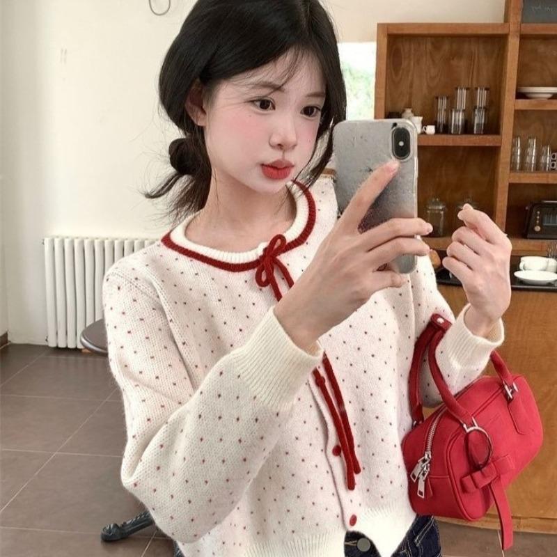 Ladies' Love Jacquard Cardigan Women's Round Neck Bow Tied Long Sleeved Knitted Sweater Autumn New Version Casual Style Top