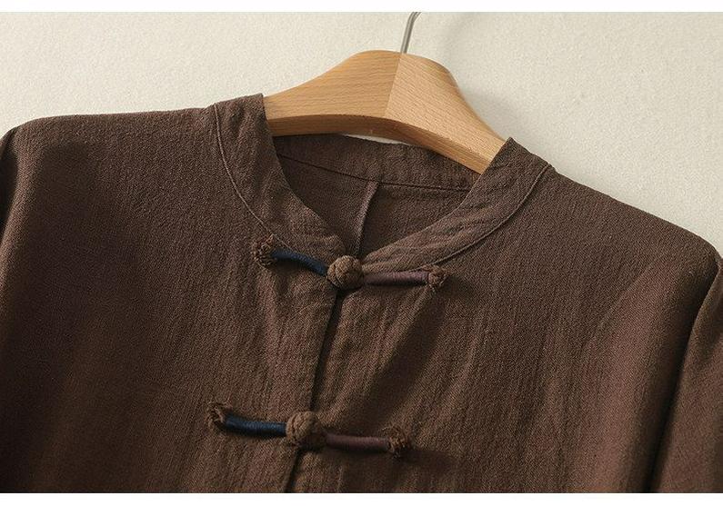 Women's Casual Loose-Fit Cotton Linen Long Sleeve Shirt with Stand Collar & Frog Buttons - New Chinese Style