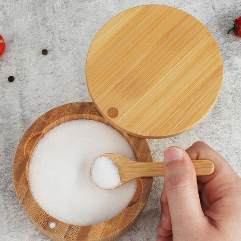 Salz- und Gewürzdosen, Pfefferdosen, Gewürzbox aus Bambus, Schüssel, Aufbewahrungstopf-Set, Holz, Zuckerbehälterhalter, Deckelfunktion, mehrere Schalen