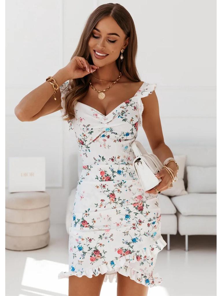 2026 Summer Floral Ruffle Sleeveless V-Neck Bodycon Dress for Women