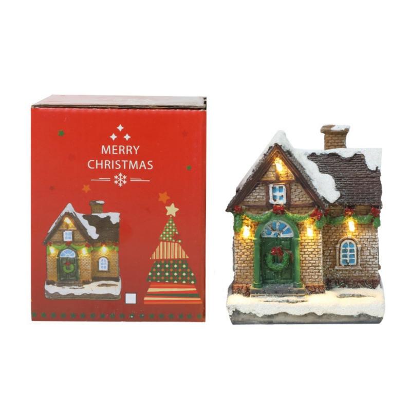 Resin Cottage Ornament Led Light Snow Room Xmas Decoration Christmas Villa Model Pendant