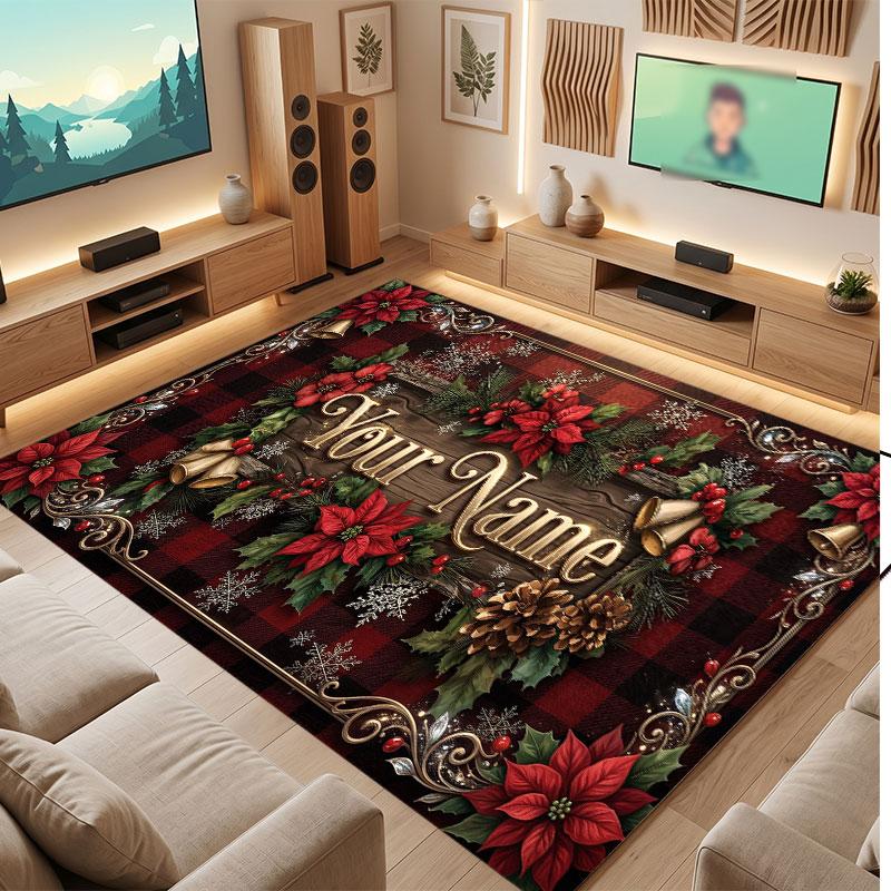 Christmas Winter Theme Crystal Velvet Floor Rug Personalized Custom Name Text Warm Carpet Home Decoration