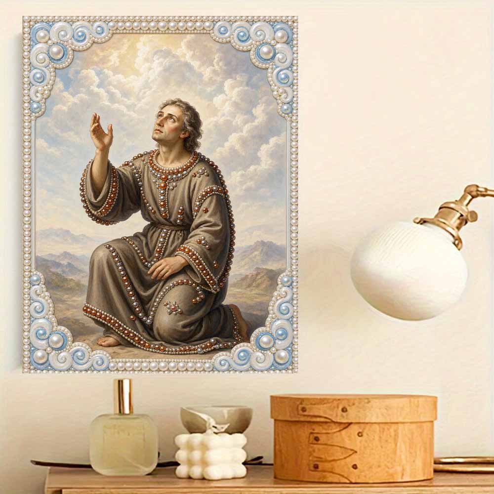 DIY 5D Pearl Bead Painting Kit with Frame Religious Saint Portrait Design Shiny Canvas Art for Bedroom Wall Decor and Gift