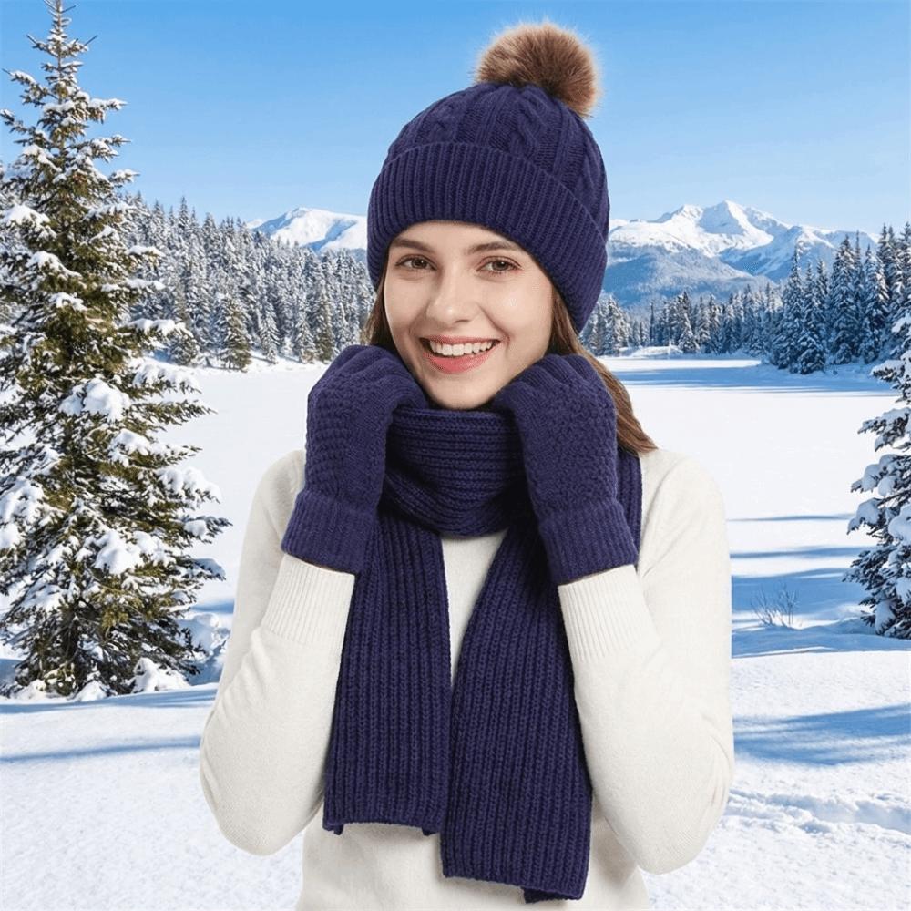 3Pcs/Set Woolen Hat Cold Proof Knitted Scarf Fashion Scarf Hat Gloves Set Cycling