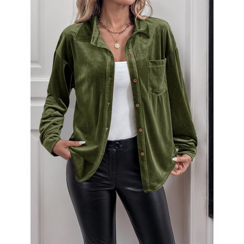 VEZFAA Women's Fashion Casual Spring Autumn Solid Color Print Long Sleeve POLO Neck Blouses & Shirts