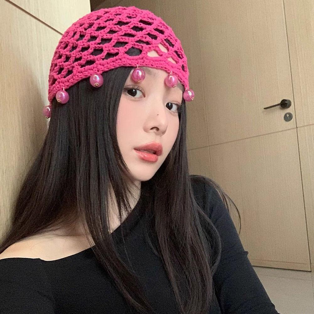 Pearl Fringed Crochet Hat Hollowed Out Woven Hat Casual Beret Cap  Bride Headpiece