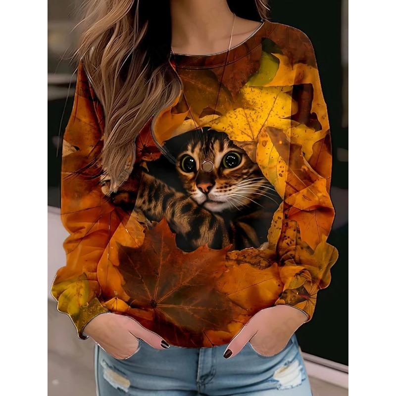 Autumn Long Sleeved Shirt Loose Casual Women's T-shirt Cute Cat Dog Print Fashionable Daily Comfortable Commuting T-shirt