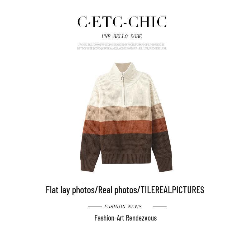 Women's Color Block Striped Lapel Sweater - Cozy Half-Zip Knit, Thick & Loose for Autumn/Winter.
