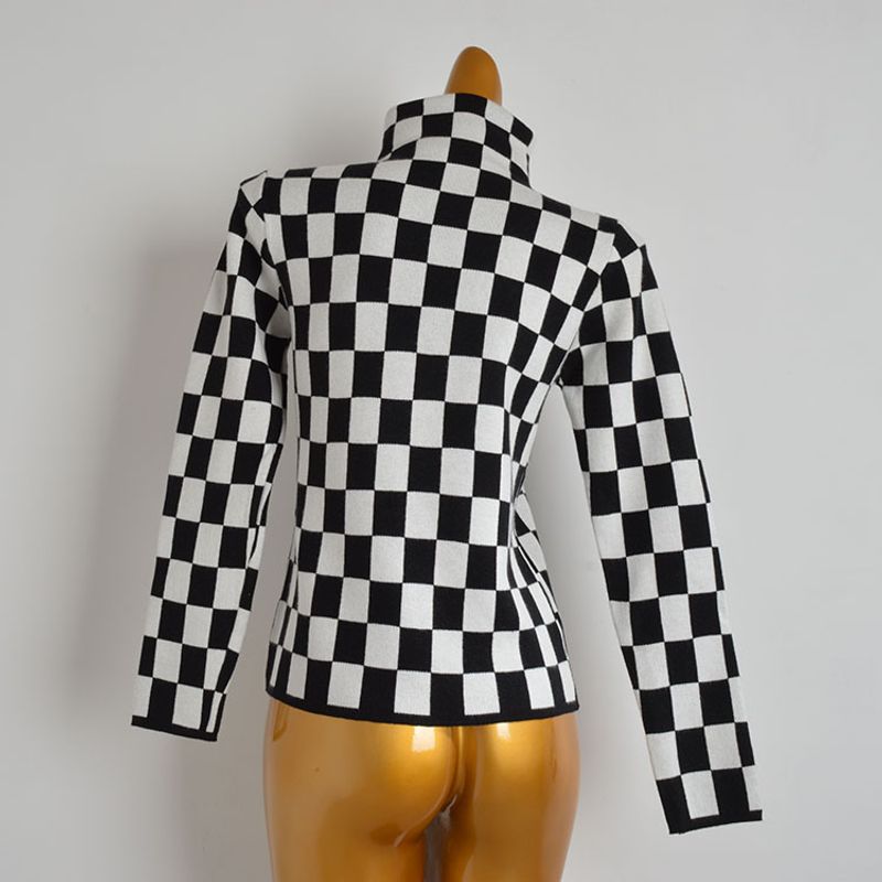 New Arrival Black and White Plaid Contrast Color Turtleneck Pullover Long Sleeve Bottoming Shirt Sweater Women's Knitwear Easiest for Match Tops