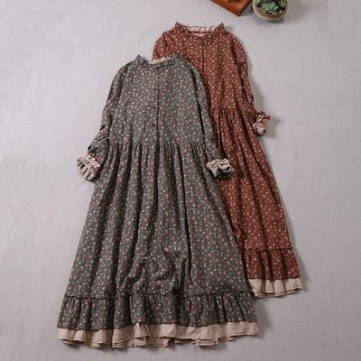 Vestido estampado Primavera Otoño Cuello redondo Manga larga Volantes Dobladillo suelto Vestido largo estampado