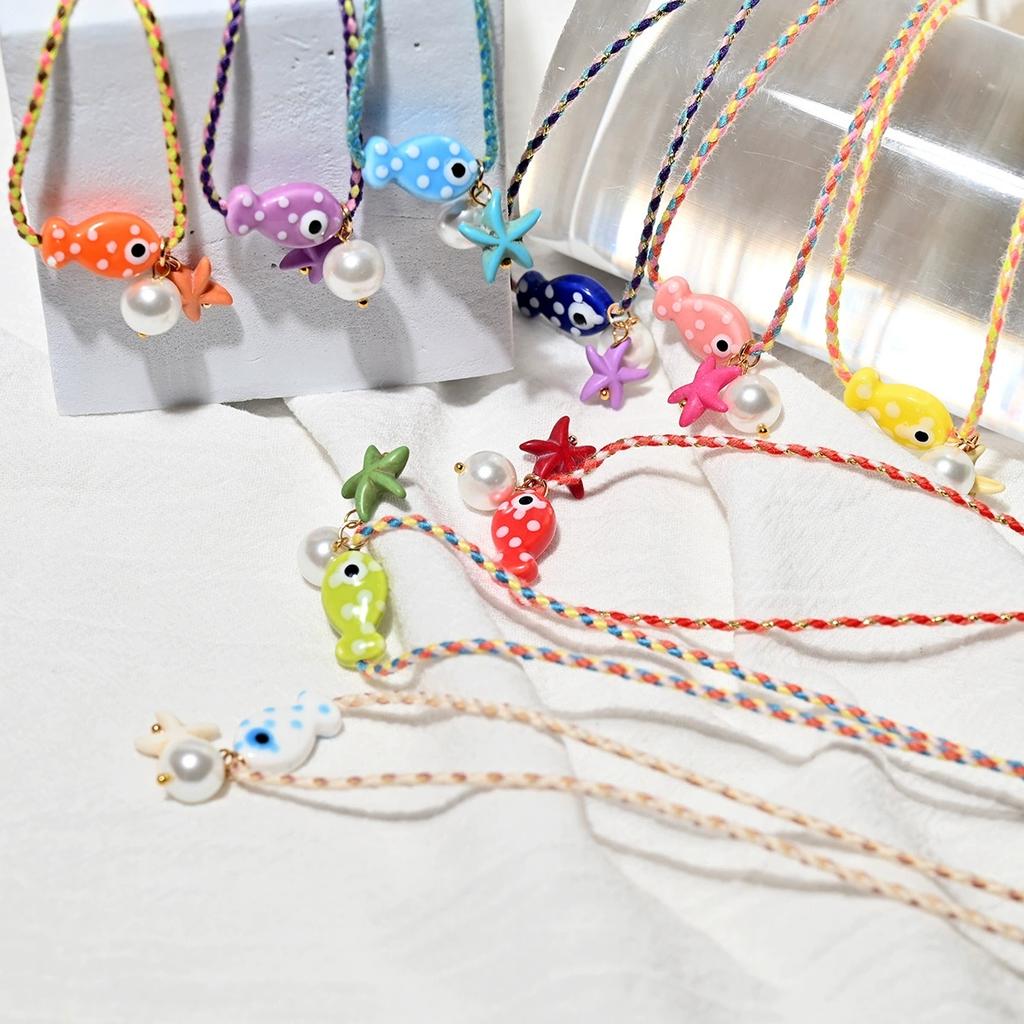 Colorful Bohemian Ceramic Fish Pendant Necklace for Women Adjustable Multicolored Rope Choker Jewelry for Summer Beach Vacation