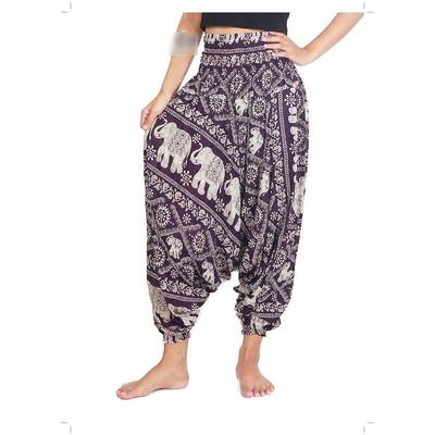 Calça harém hippie chique e descontraída com estampa de elefante - tamanho único com cordão - modelo unissex em roxo