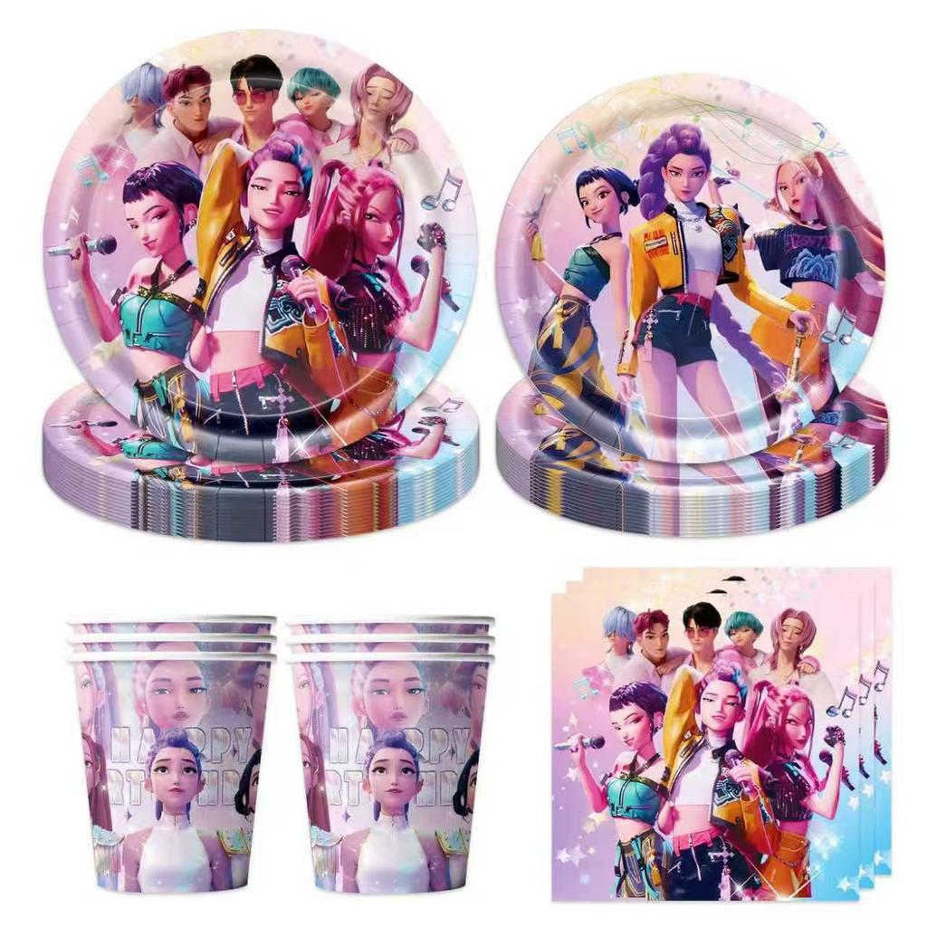 Kpop Dämonenjäger Geburtstagsparty Dekoration Spielzeug Süßigkeiten Geschenktüten Geschirr Set Teller Tassen Servietten Tischdecke Zubehör Set
