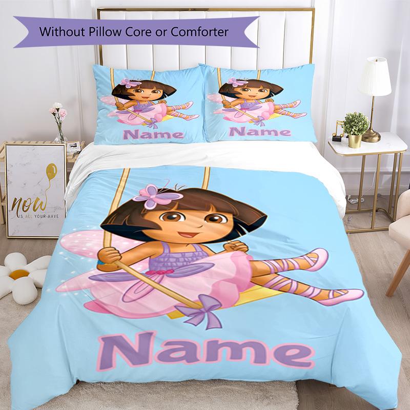 Dora Explorer Customize Your Name Bedding Set Breathable Duvet Cover with Pillowcases Home Decoration Birthday Gift